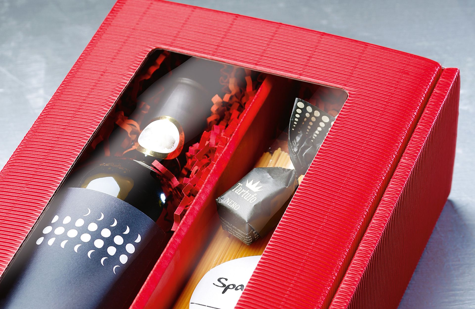 Gift packaging, single-face board series, fir 2 bottles, in red with passepartout