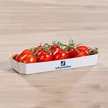 Witte groenteschaal met logo gevuld met tomaten 300 g 