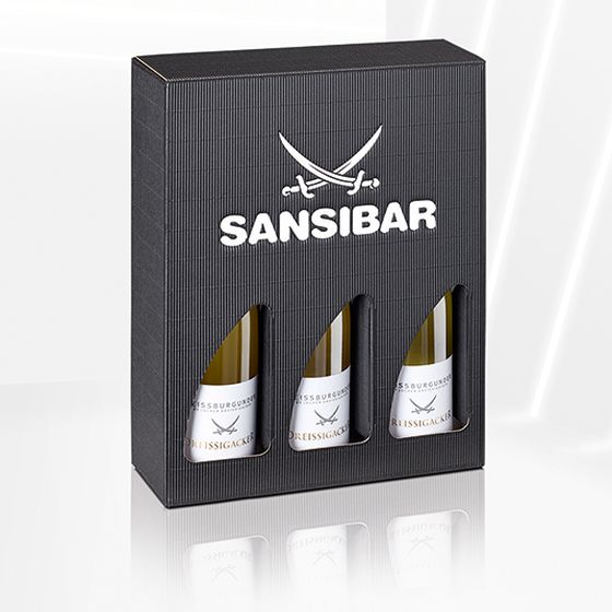Gift packaging in black with custom hot foil embossing for Sansibar