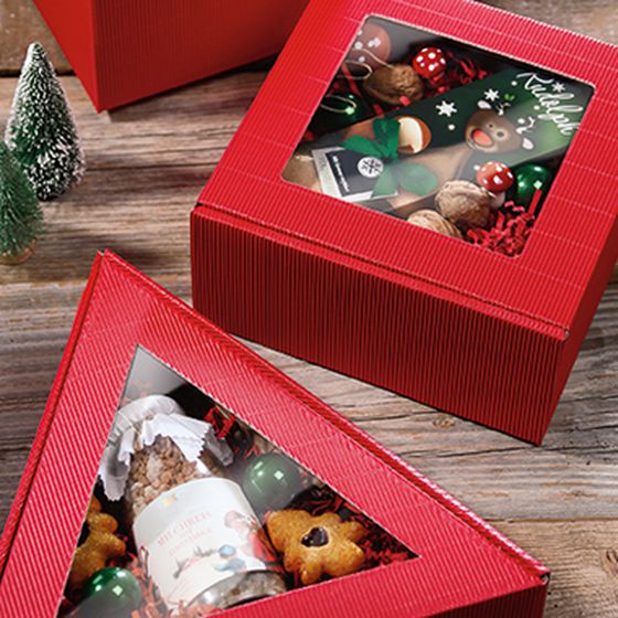 Red gift boxes in various shapes with window 